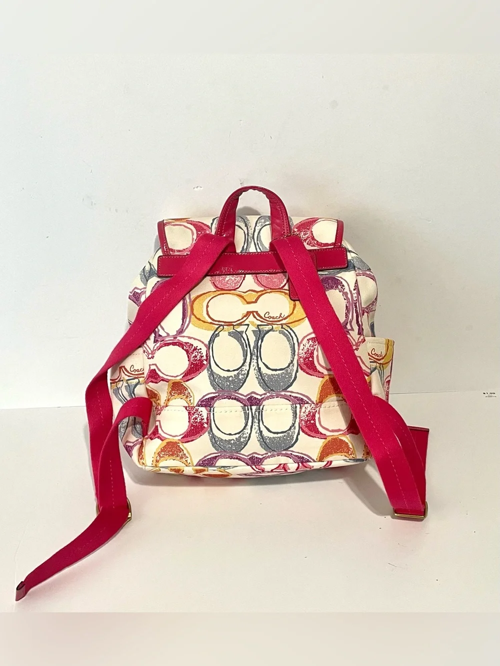 COACH F21962 Backpack Signature Canvas Multi Color Pink Enamel Clean
